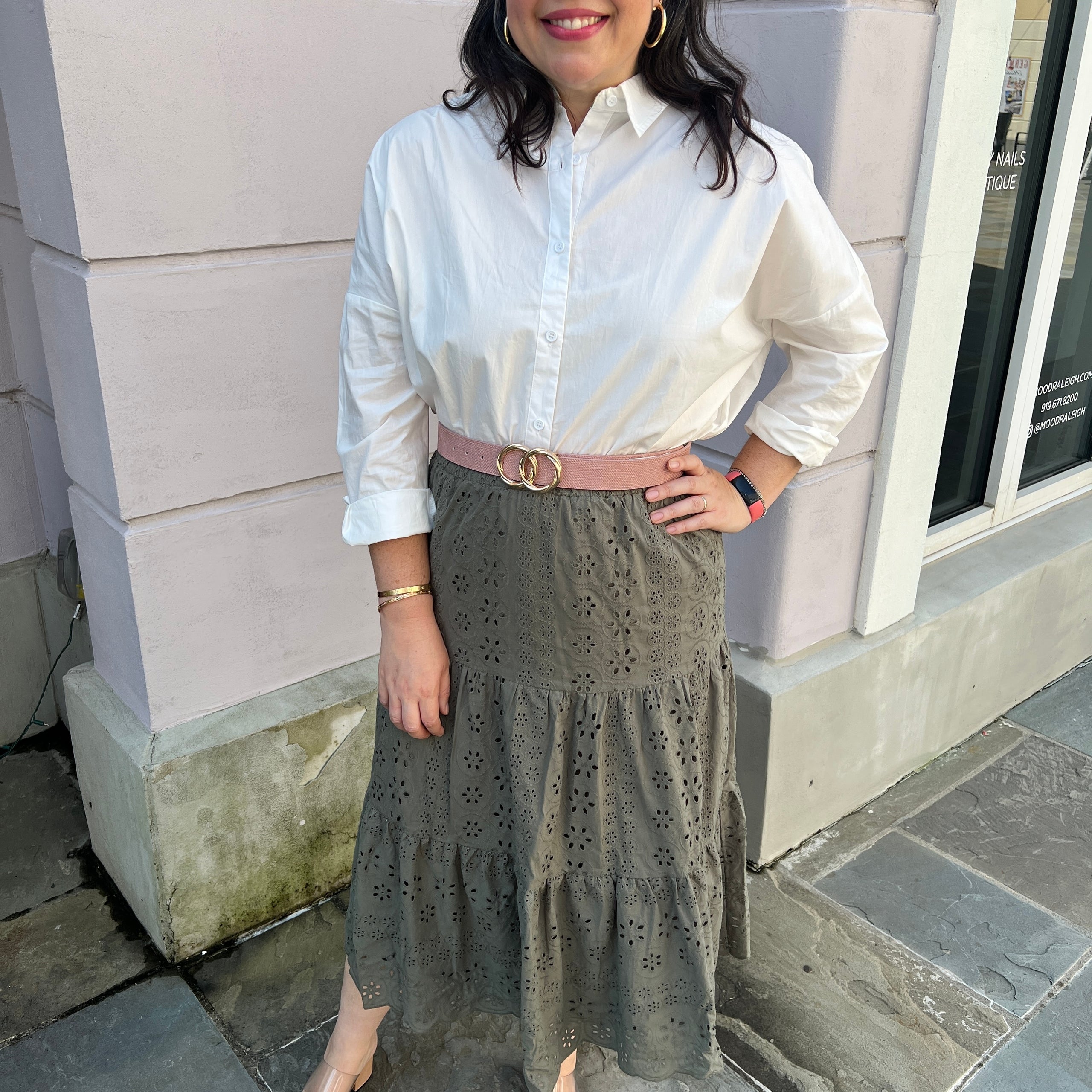 Khaki Eyelet Skirt by Apricot Koket Boutique