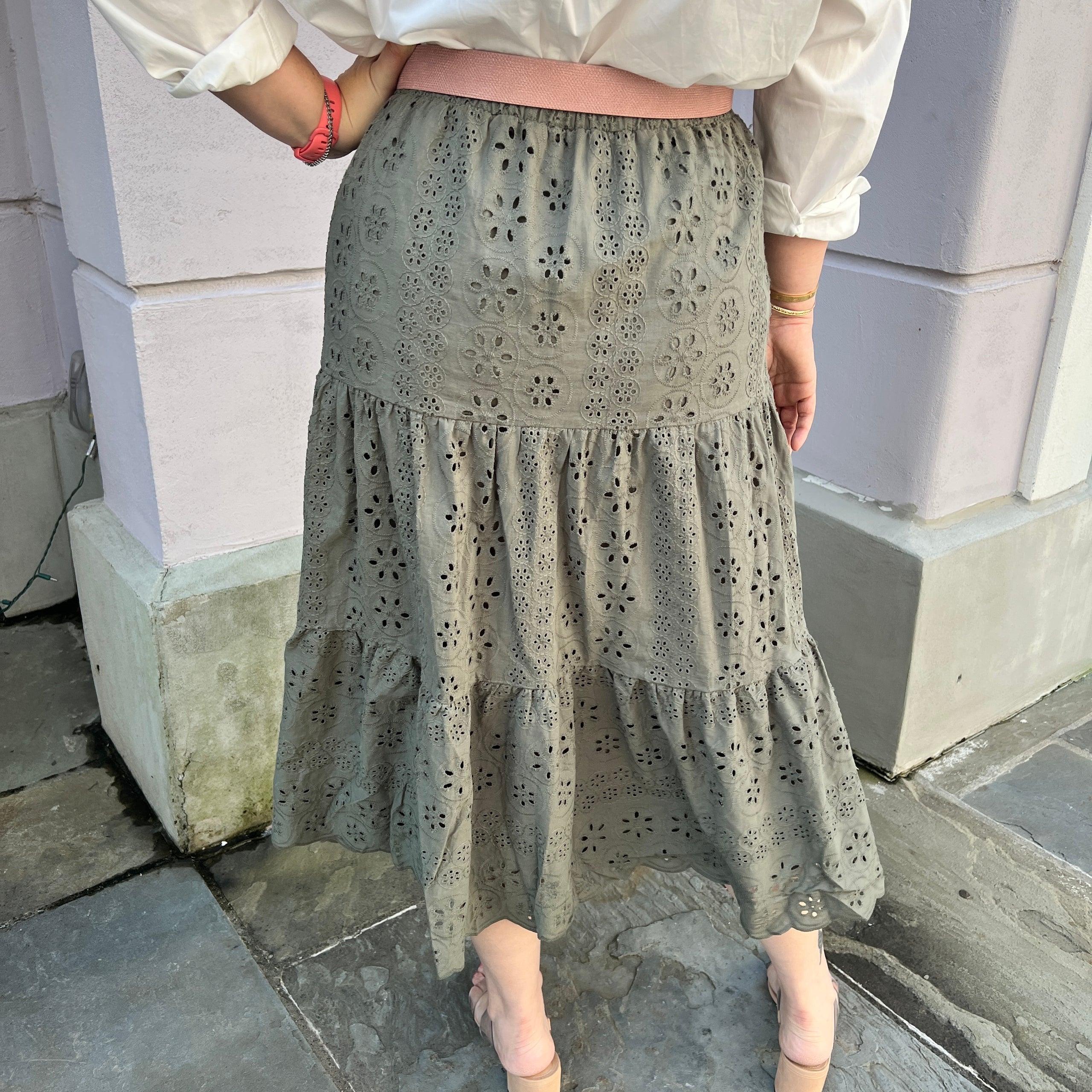 Khaki eyelet skirt top