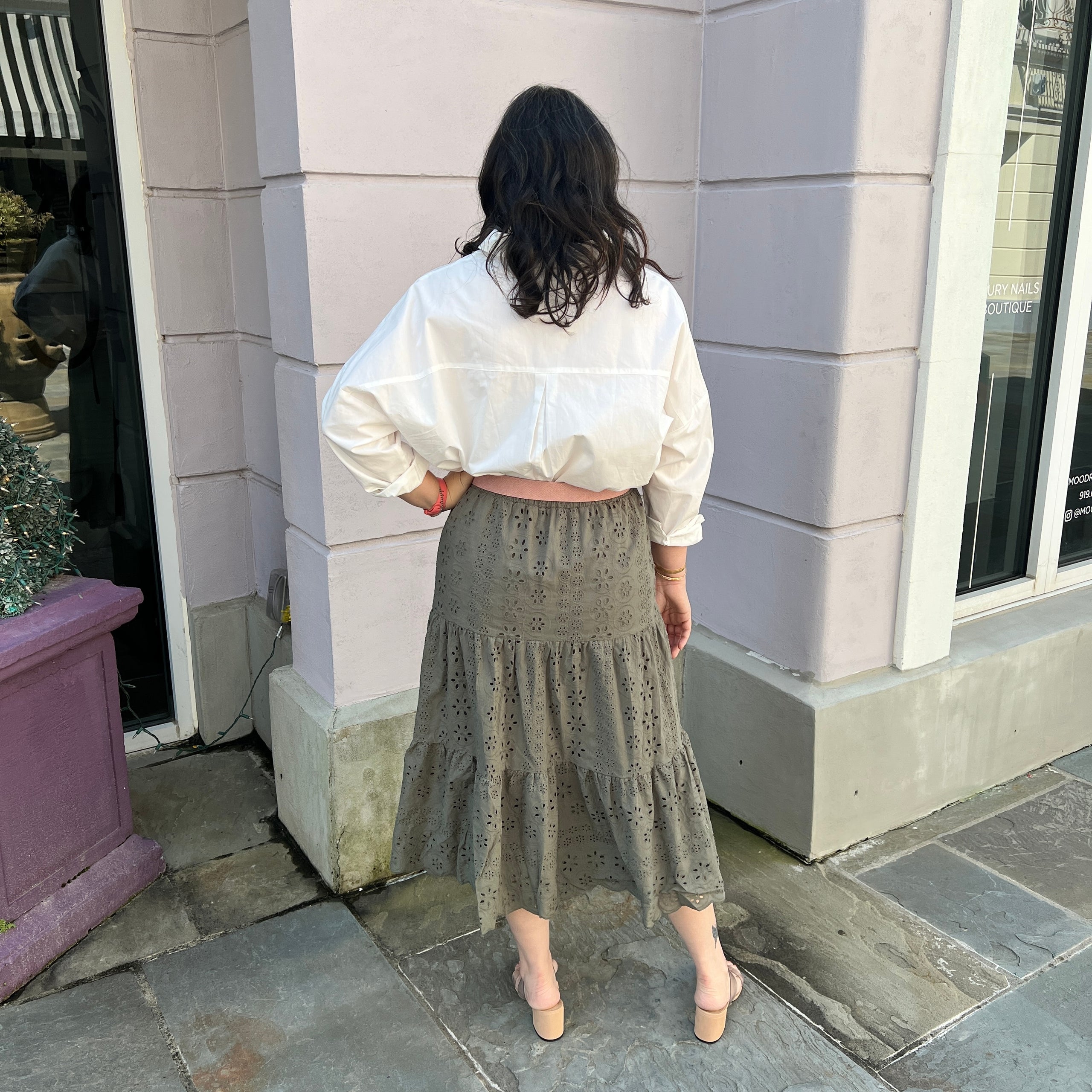 Khaki Eyelet Skirt by Apricot Koket Boutique