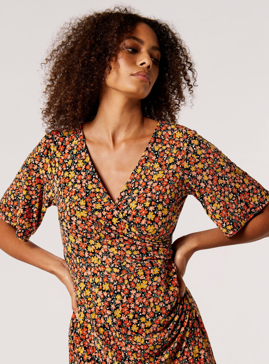 Side Ruch Graphic Ditsy Wrap Dress by Apricot Koket Boutique